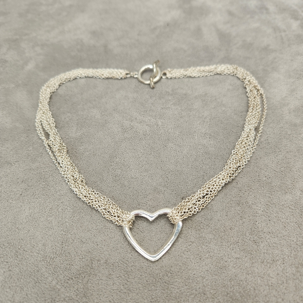 Silver Tone Multi Strand Heart Choker Necklace Toggle Clasp 15” Dainty Layered